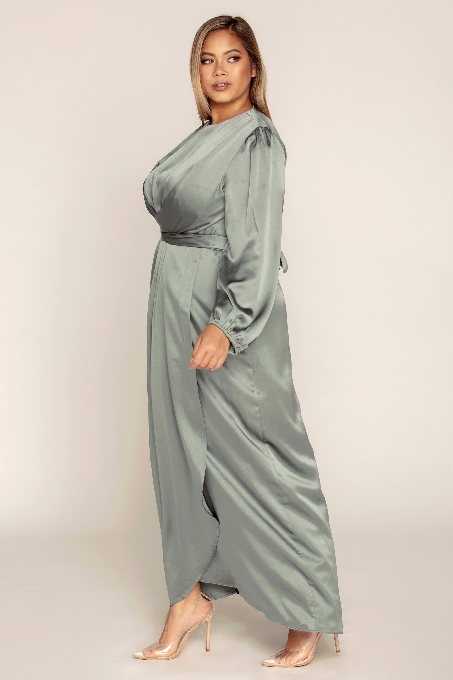 Julianna Satin Wrap Waist Maxi Dress - Teal